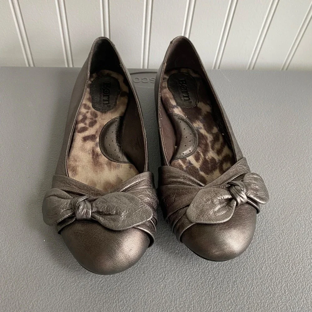 Born Womens Molly Metallic Leather Ballet Flats Size 5 Bow Feminine Shoes Boho